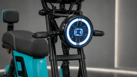 Close do farol de LED circular da scooter elétrica, com o anel de luz aceso.