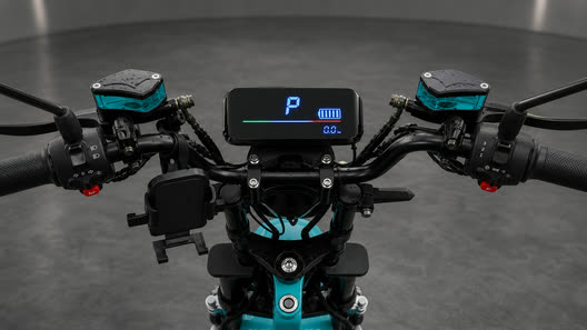 Guidão da scooter elétrica visto de cima, com painel digital mostrando a marcha e o nível de bateria.