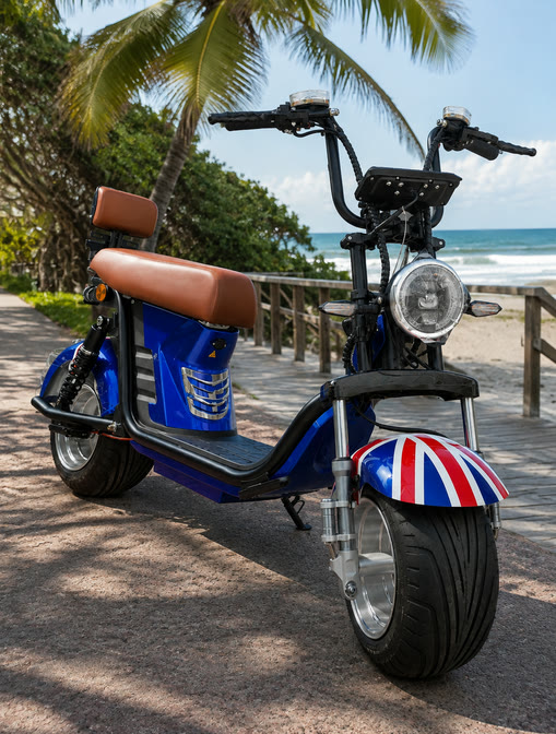 Scooter elétrica X12 1000W na cor Azul Turquesa, estacionada no calçadão da beira-mar ao entardecer, com farol de LED circular aceso, banco com encosto e pneus largos.